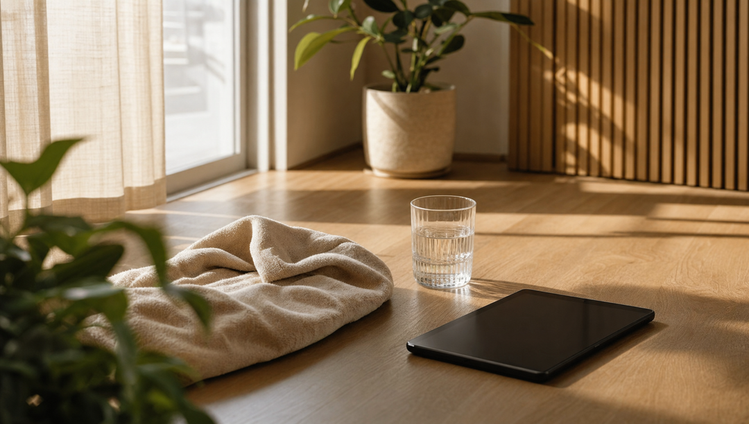 BodyKiss 10 Minuten Training zuhause: Handtuch, Wasser und ausgeschaltetes Tablet im warmen Licht