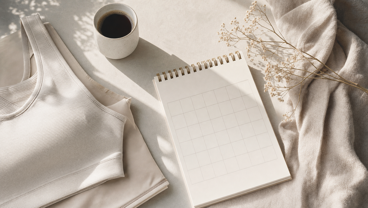 BodyKiss Routine: Kaffee, blanker Planer und helle Activewear-Struktur im Morgenlicht