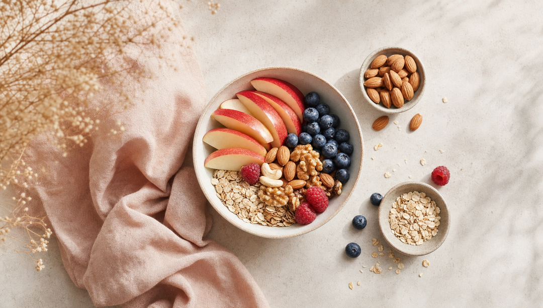 BodyKiss Snack-Bowl mit Apfel, Beeren, Nüssen und Haferflocken auf heller Fläche