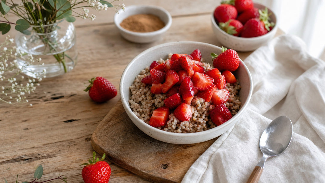 Gesunde Frühstücksbowl mit Beeren und Haferflocken auf einem hellen Tisch