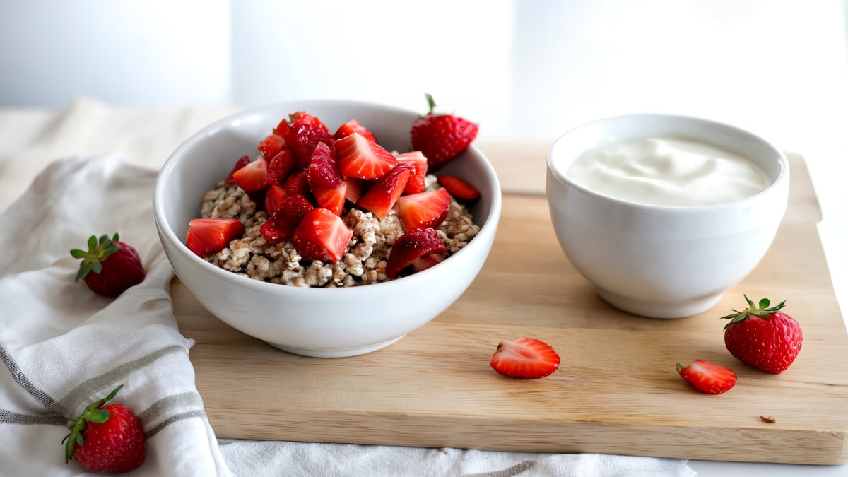 Heller Frühstückstisch mit Haferflocken, Beeren und einfachen Zutaten für gesunde Alltagsroutinen