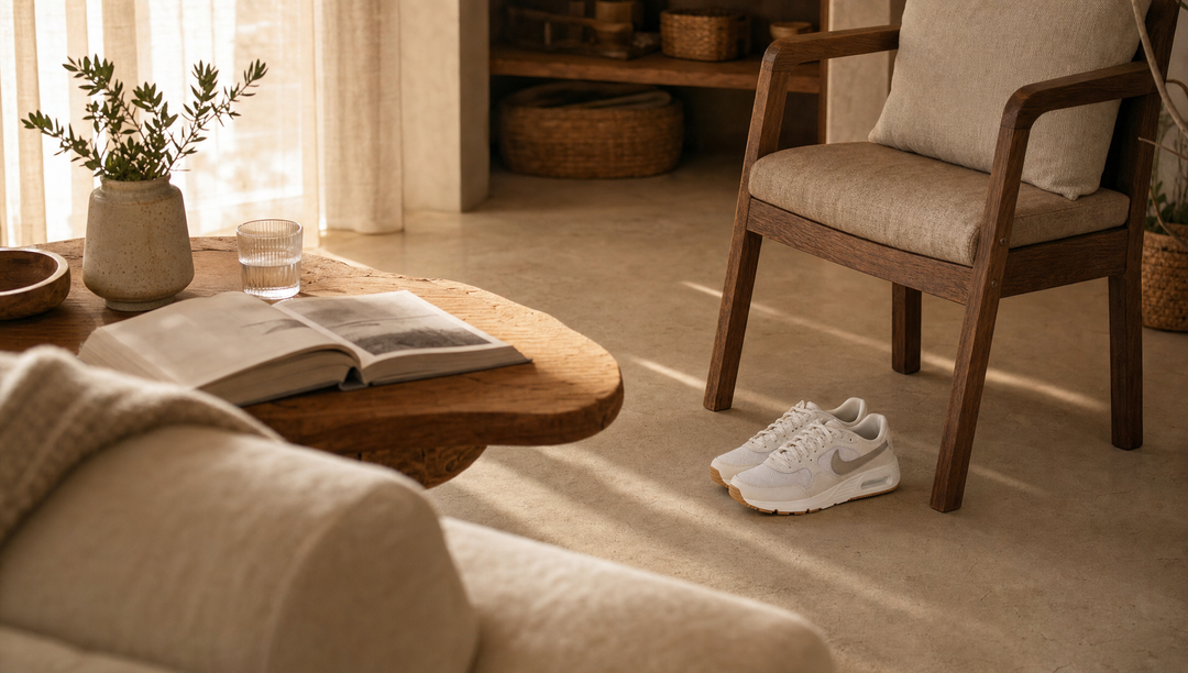 BodyKiss Looks und Alltag: warmes Interior-Stillleben mit Sneaker und ruhiger Morgenstimmung