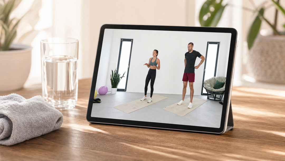BodyKiss Training starten: Tablet mit Workout-Moment, Wasser und Handtuch im warmen Zuhause